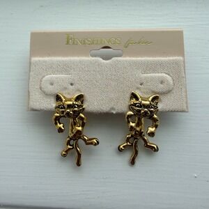 Hanging Cat Pierced Earrings Gold Tone Unique